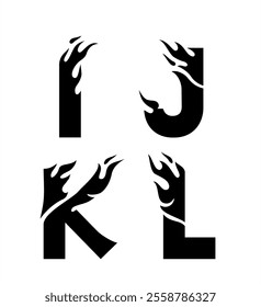 Fire Letters Design Silhouette Set, I, J, K, L or Initials Ink Tattoo