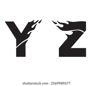 Fire Letters Design, Y Z Black Ink Silhouette Initials Tattoo