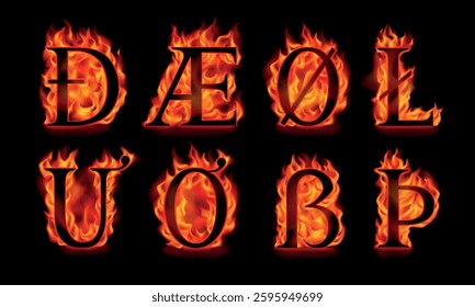 Fire letters Æ, ß, Þ, Đ, Ø, Ł, Ư, Ơ isolated on a black background. Serif font in orange flames. Vector illustration. 