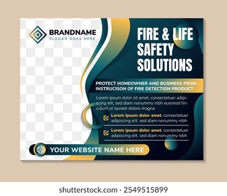 Fire and life safety solutions vector illustration. Precautions the use of wave background template. gradient colors design template. abstract web banner with photo space in horizontal layout. 