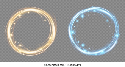 Fire light circle trail of sparkling gold glitter, vector glow flare swirl on transparent background. Abstract vector fire circle, sparkling swirl. Stock royalty free vector illustration. PNG	