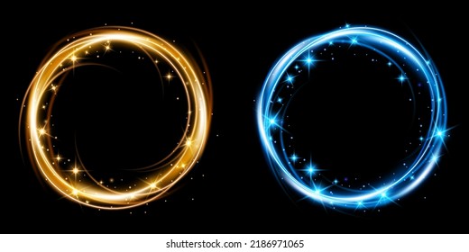 Fire light circle trail of sparkling gold glitter, vector glow flare swirl on transparent background. Abstract vector fire circle, sparkling swirl. Stock royalty free vector illustration. PNG	