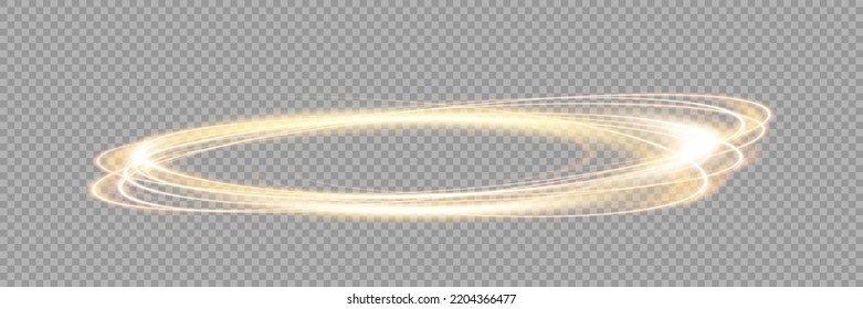 Fire light circle trail of sparkling gold glitter, vector glow flare swirl on transparent background. Abstract vector fire circle, sparkling swirl. Stock royalty free vector illustration. PNG	