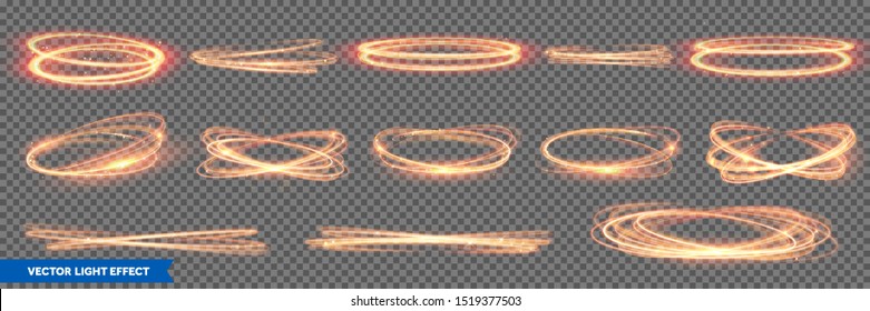 Fire light circles and ring trails, vector sparkling gold glitter glow flare effect. Abstract fire circles, sparkling magic swirls and energy light spiral spin twirls