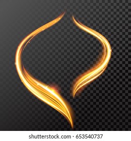 Fire light trail or burning flame curves and glowing sparkle rings on vector transparent background