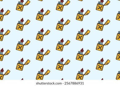 fire lighter with jerrycan shape colorful doodle seamless pattern on blue background. retro lighter fire background. classic fire lighter wallpaper. pattern background with fire lighter for adventure