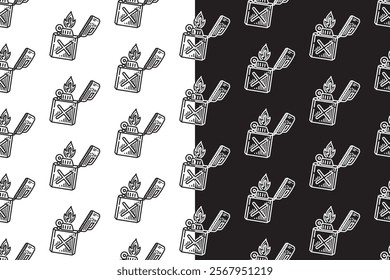 fire lighter with jerrycan shape doodle seamless pattern on black white background set. engraving lighter background. lighter hatching wallpaper. pattern background with fire lighter for adventure