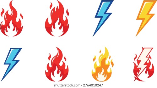 Fire and Lightning Icons – Flame and Electric Bolt Energy Symbol Vector Set
