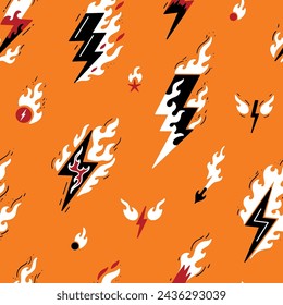 Fire Lightning Seamless Bright Pattern. Burning Thunder Flash Lightning. Vector illustration