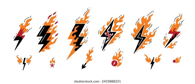 Fire Lightning Vector Set. Burning Thunder Flash Lightning.