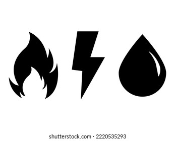 Fire, Lightning And Water Icon Isolated On White Background.