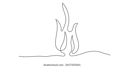 Fire line art continuous, bonfire doodle isolated on white background. Simple Burning flame