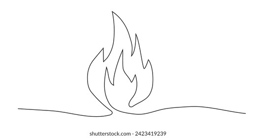 Fire line art continuous, bonfire doodle isolated on white background. Simple Burning flame