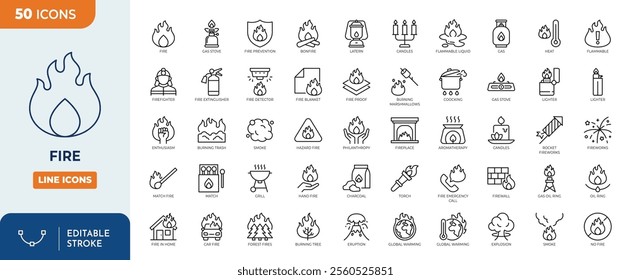 Fire line editable icon set. Containing burning, flame, campfire, gas stove, lighter, match, smoke, firefighter and more.