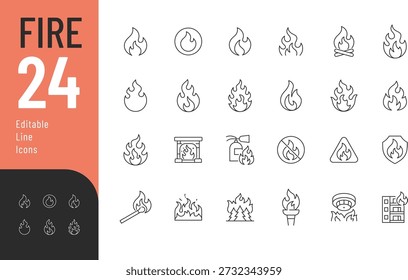 Fire Line Editable Icons set. Vector illustration in modern thin style of fire of different shapes and sizes: a match, fireplace, forest fire, and more. Isolated on transparent background.
