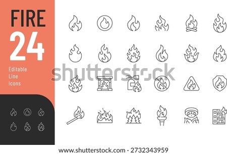 Fire Line Editable Icons set. Vector illustration in modern thin style of fire of different shapes and sizes: a match, fireplace, forest fire, and more. Isolated on transparent background.