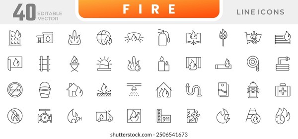 Fire line icon collection. Flame, energy, burn, nature, bonfire, danger, fireball, and flash icon set. UI outline icons pack