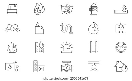 Fire line icon collection. Flame, energy, burn, nature, bonfire, danger, fireball, and flash icon set. UI outline icons pack