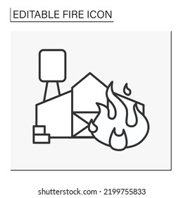  Fire line icon. Hangar building on fire. Flames spread on property. Disaster concept. Isolated vector illustration. Editable stroke
