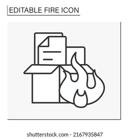  Fire line icon. Office papers on fire. Flames spread on property. Disaster concept. Isolated vector illustration. Editable stroke