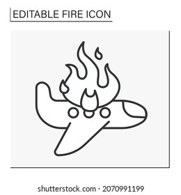  Fire line icon. Plane on fire. Flames spread on property. Disaster concept. Isolated vector illustration. Editable stroke