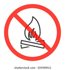 Fire line icon in prohibition red circle, No bonfire ban or stop sign, forbidden symbol. Vector illustration isolated on white