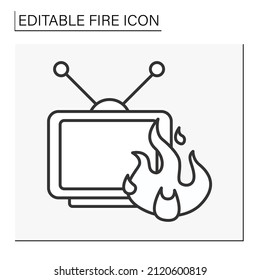  Icono de línea de fuego. TV en llamas. Cosas rotas. Las llamas se esparcieron en la propiedad. Concepto de desastre. Ilustración vectorial aislada. Trazo editable
