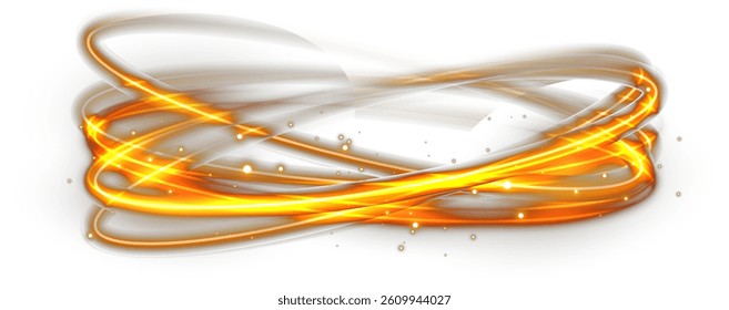 Fire line spiral forms magical gold circular motion. Vector sparkle circle shines with particles and blur. Golden speed swirl glows like molten orbit trail. Light curve wave draws stardust frame 