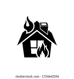 Icono vectorial de línea de fuego. Edificio de la casa en el cartel de ilustración de las llamas. Símbolo de seguro. 