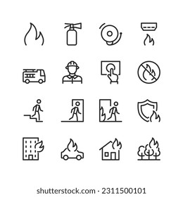 Fire, linear style icons set. Extinguishing a fire, safety. Burning. Danger to life, health and property. Fire prevention and suppression. Firefighter. Editable stroke width