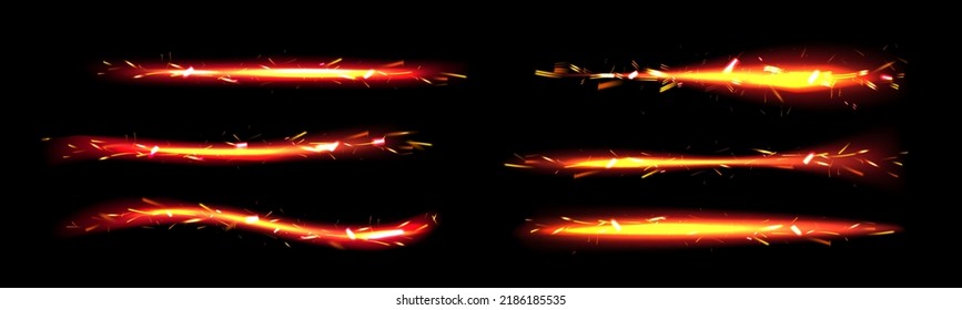 Líneas de fuego con chispas de luz, efecto de traza de cracker. Espuelas aisladas de cuchilla o petardo metálico de soldadura. Escintilla de sierra circular luminosa o brillante, asteroide volador, conjunto vectorial 3d realista