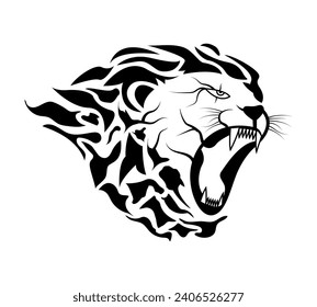 Fire lion head silhouette logo. The lion opened his mouth.