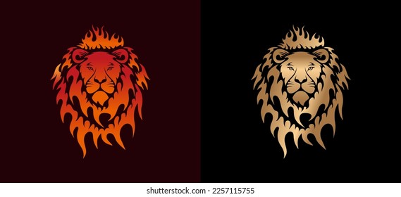 Fire lion logo design, vector illustration of lion head with abstract fiery mane