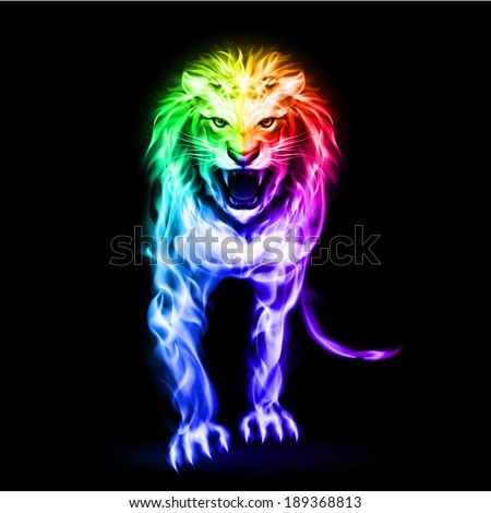 Fire lion in spectrum colors on black background