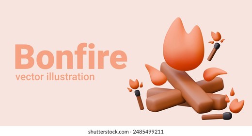 Fire and lit matches in 3D plasticine style. Concept of tourist hotspot, campfire