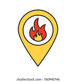 Fire location color icon. Map pinpoint with flame inside. Isolated vector illustration
