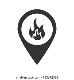 Fire location glyph icon. Map pinpoint with flame inside. Silhouette symbol. Negative space. Vector isolated illustration