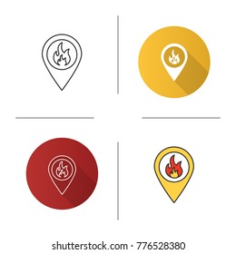 Fire location icon. Flat design, linear and color styles. Map pinpoint with flame inside. Isolated vector illustrations