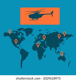Fire location markers on the world map, helicopter - vector. Natural disaster. Ecology protection concept.