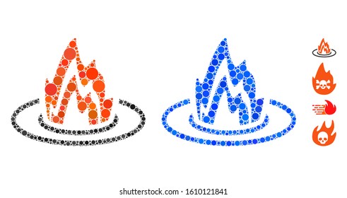 Fire location mosaic of round dots in different sizes and color hues, based on fire location icon. Vector round elements are grouped into blue mosaic.
