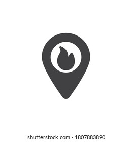 Fire location pin vector icon. filled flat sign for mobile concept and web design. Map marker with fire flame glyph icon. Symbol, logo illustration. Vector graphics