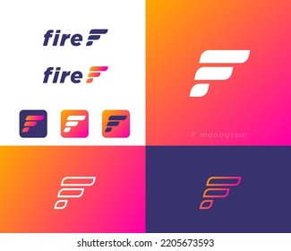 Fire logo. F monogram. Letter F consists of some dynamic elements. Abstract icon. Identity, corporate style, app button set.