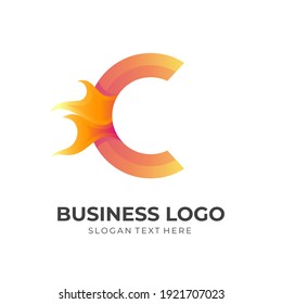 Fire logo and letter C design combination, colorful design