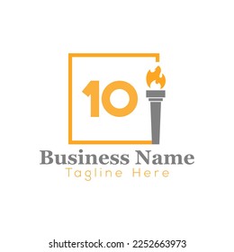 Fire Logo On Letter 10 Template. Fire On 10 Letter, Initial Fire Sign Concept