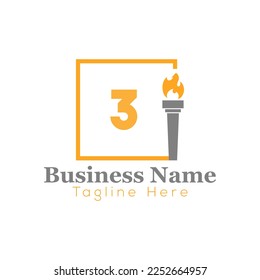 Fire Logo On Letter 3 Template. Fire On 3 Letter, Initial Fire Sign Concept