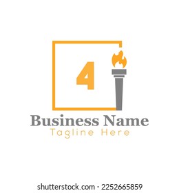 Fire Logo On Letter 4 Template. Fire On 4 Letter, Initial Fire Sign Concept