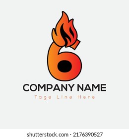 Fire Logo On Letter 6 Template. Fire On 6 Letter, Initial Fire Sign Concept