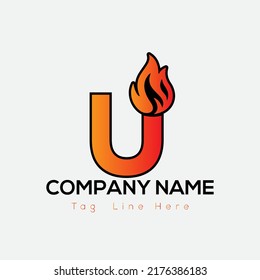 Fire Logo On Letter U Template. Fire On U Letter, Initial Fire Sign Concept