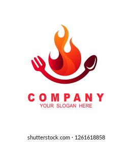 Fire logo with spoon and for, restaurant logo template cooking logo, red and fire design vector