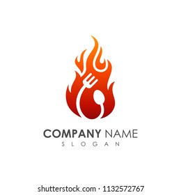 Fire Logo With Spoon And Fork, Restaurant Logo Template, Cooking Logo